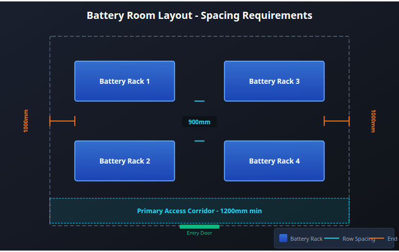 Battery Room Layout diagram showing spacing requirements - 900mm between rows, 1200mm primary access corridor, 1000mm end clearance