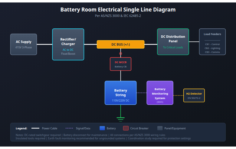 Battery Room Electrical Single Line Diagram showing AC supply, rectifier/charger, DC bus, battery string, BMS, distribution panel, and H2 detector per AS/NZS 3000