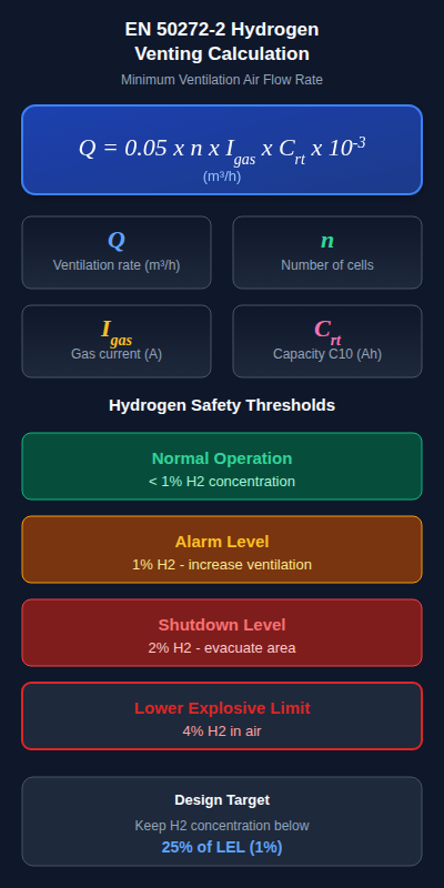 EN 50272-2 hydrogen venting formula - mobile optimized layout with variables and safety thresholds