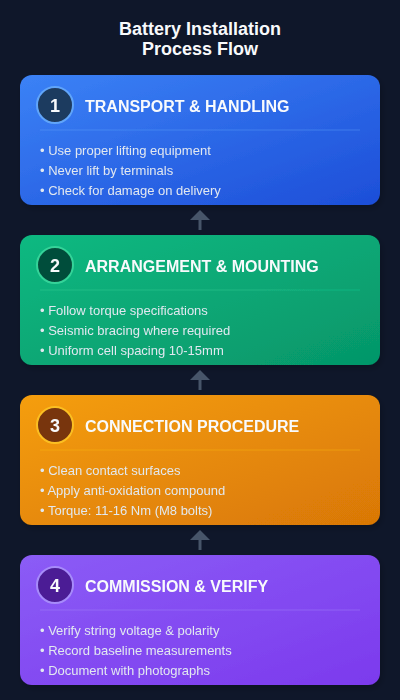 Battery installation process flow diagram - mobile optimized vertical layout showing transport, arrangement, connection, and commissioning steps