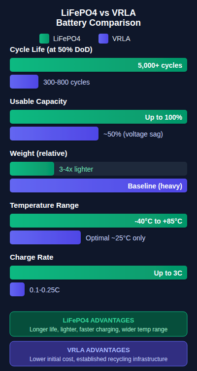 LiFePO4 vs VRLA battery comparison chart - mobile optimized vertical bar comparison of cycle life, capacity, weight, temperature range, and charge rate